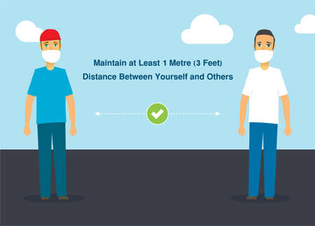 Illustration of two men practicing social distancing. Prevent the spread of viruses.のイラスト素材