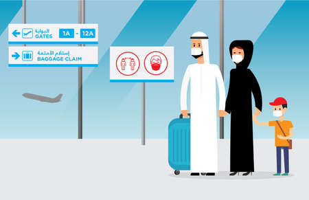 Arab family traveling taking precautions  against virus/germ spreading. Editable vector file.のイラスト素材