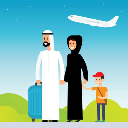 Arab family vacation/ travel illustration. Editable vector file.のイラスト素材