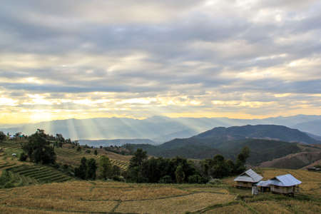 Sunset at Pa Pong Pieng homestay and mountian view, Mae Chaem, Chiang Mai, Thailand.の写真素材