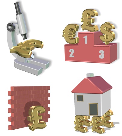 Pound under microscope, pound as a winner in front of other currencies, pound hit the wall, in front of wall, stops here, pound holding household or house stable, good foundation for a house.の写真素材