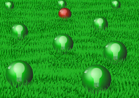 Group of green balls with bulbs inside them on a green grass fieldの写真素材