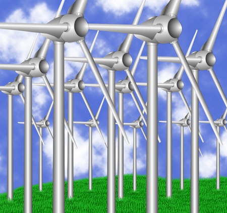 Group of wind turbines on a green grass field  の写真素材