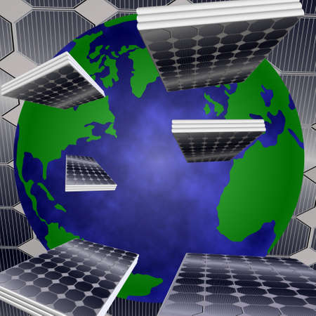 Solar panels flying towards the earthの写真素材