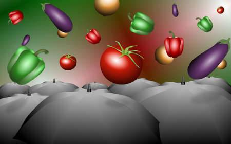 Vegetable falling down from the sky on open umbrellasの写真素材
