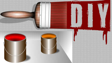 A painting brush leaving a sign DIY on a wall in a red paintの写真素材