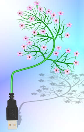 Green tree full of blossom growing from usb plug