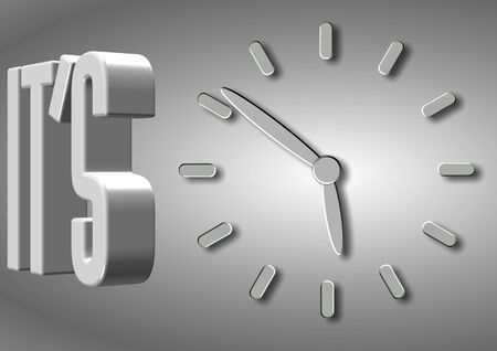A white wall clock next to spelled words, it isの写真素材