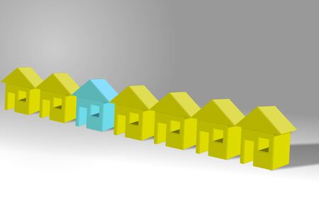 A row of yellow houses and a blue one amongst themの写真素材
