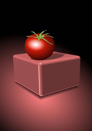 A tomato positioned on a red cube under spotlightの写真素材