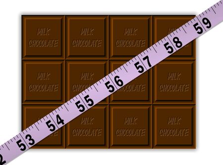 A purple tape measure across a bar of chocolateの写真素材