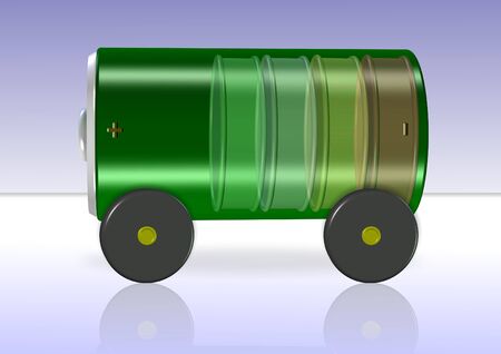 A green battery with wheels attached on a blue and white backgroundの写真素材
