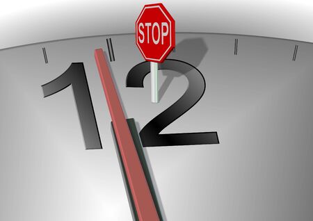 A minute to twelve on a clock and stop sign in front of handsの写真素材