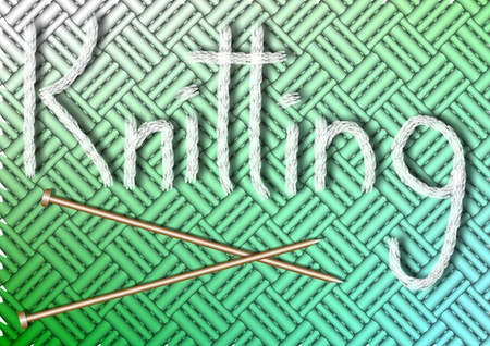 A word knitting spelled with knitted rope and a pair of knitting needlesの写真素材