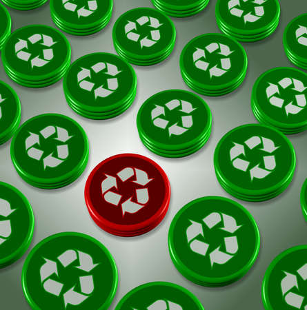 A number of green badges with a recycle symbol on themの写真素材