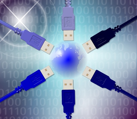 A group of USB plugs positioned around Earth