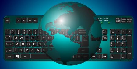 Transparent Earth globe suspended above a green computer keyboard