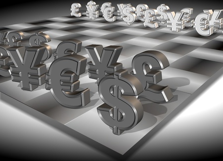 Symbols of four major currencies positioned on a chess boardの写真素材