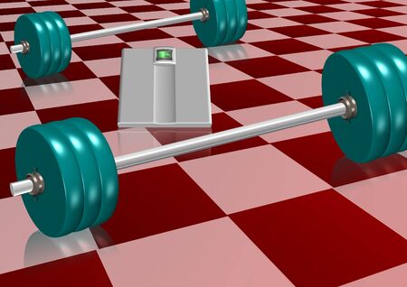 A couple of dumbbells and a digital scale on a tiled floorの写真素材