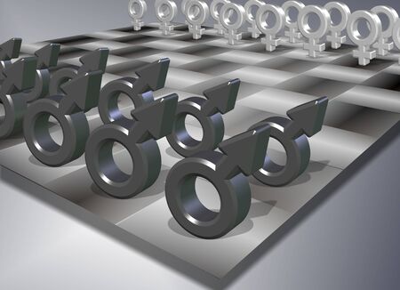 Male and female symbols positioned on a chess boardの写真素材