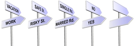 A collection of five direction sings with different subjects