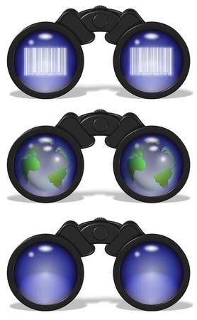 a collection of black binoculars with a different reflection on their lensesの写真素材