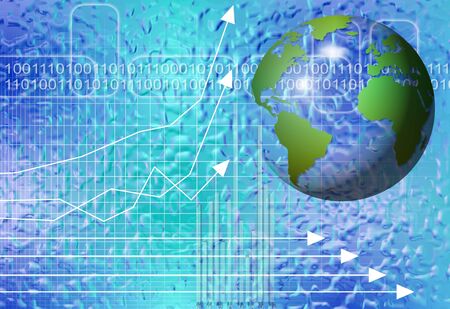 transparent globe with charts and graphs on a blue backgroundの写真素材