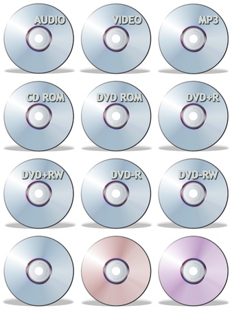 A set of CD and DVD icons on the white backgroundの写真素材