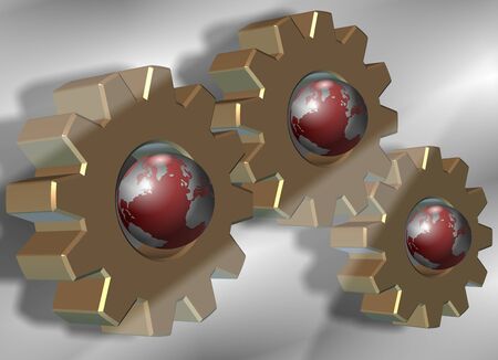 A group of gear wheels with earth globes inside themの写真素材