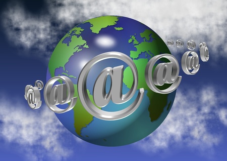 planet earth surrounded by at symbols with clouds and sky in the backgroundの写真素材