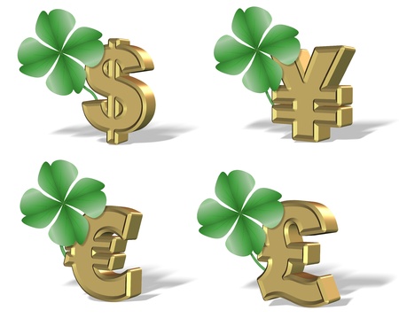 A collection of symbols of four major currencies with a cloverの写真素材