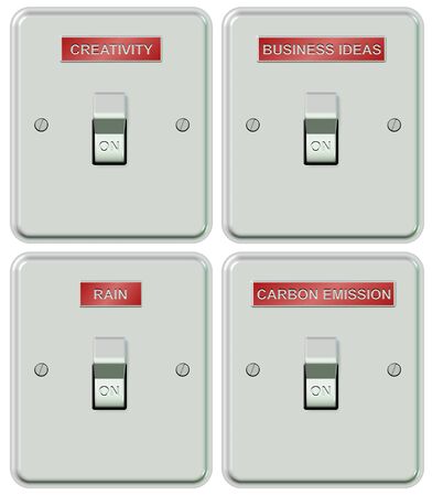 a collection of light switches with labels spelling different subjectsの写真素材