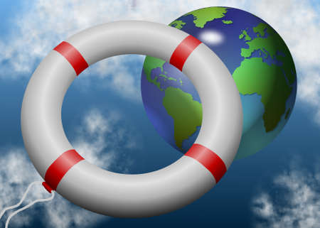 a lifesaving ring flying towards earth with clouds in the background