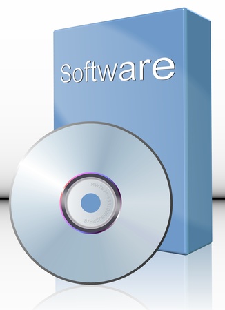 a DVD in front of cardboard box with a label spelling word softwareの写真素材
