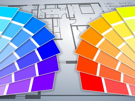 two color palettes with a blue print of a house in the backgroundの写真素材