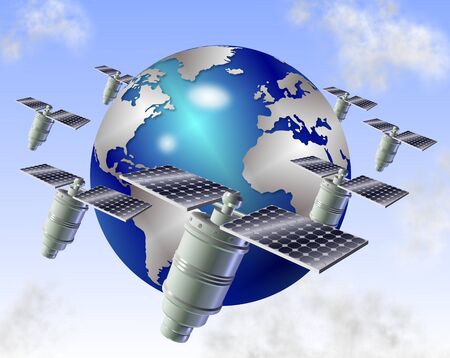 a number of satellites orbiting blue shiny earthの写真素材