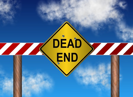 yellow metal sign spelling dead end with a blue sky in the backgroundの写真素材