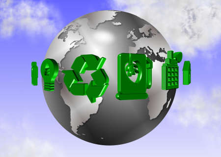 black and white globe with environmental icons around itの写真素材