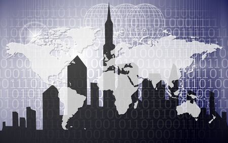 world map with a silhouette of a city and binary code in the backgroundの写真素材