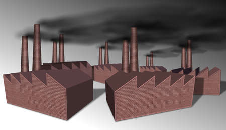 a group of dark brown factories with chimneysの写真素材