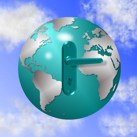 blue door handle attached to the earth globeの写真素材