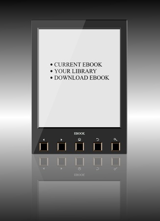 An illustration of a black ebook reader positioned on a shiny surfaceの写真素材