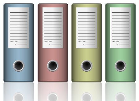 a row of file folders in different colors on a white backgroundの写真素材