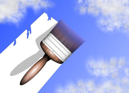a paint brush painting blue sky and cloudsの写真素材