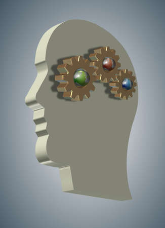 a shape of a human head with gear wheels and earth inside itの写真素材