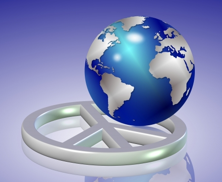 shiny earth globe positioned inside silver peace symbolの写真素材