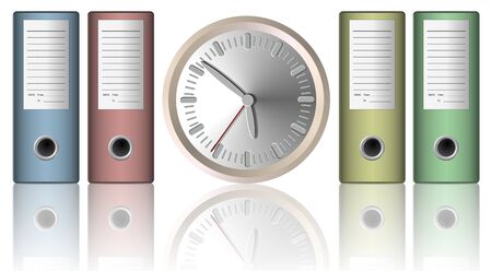 a clock between office folders with the white backgroundの写真素材