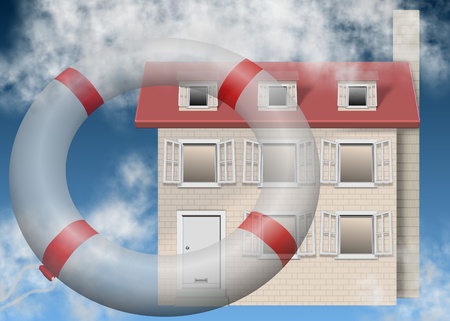 a lifesaving ring flying towards a family houseの写真素材