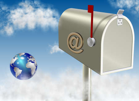 a letter box with at symbol on it and earth globe in the backgroundの写真素材