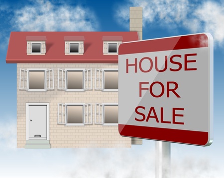 house and house for sale sign with blue sky in the backgroundの写真素材